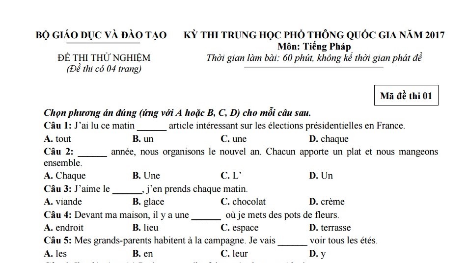 Đề thi thử nghiệm môn Tiếng Pháp kỳ thi THPT quốc gia năm 2017