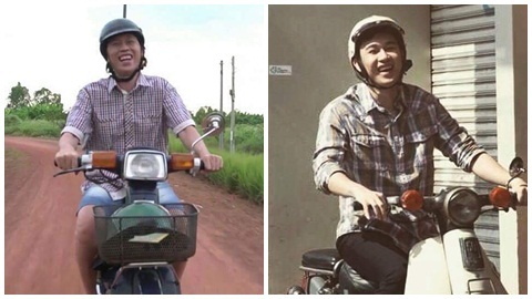 Hoài Linh mặc quần đùi cười sung sướng lái xe máy cũ