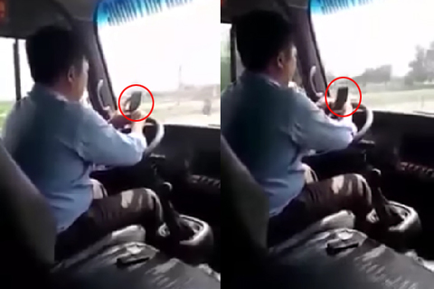 Vừa lái xe buýt vừa 'dán mắt' vào điện thoại trên quốc lộ