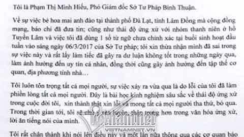 Thư xin lỗi của Phó giám đốc Sở Tư pháp bẻ hoa