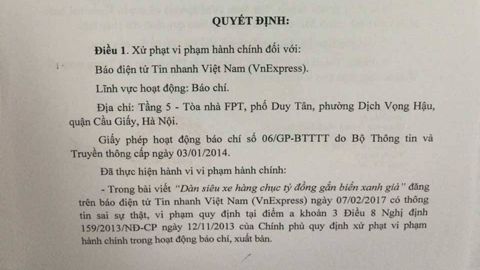 Phạt báo VnExpress 10 triệu vì đưa tin sai 'dàn siêu xe gắn biển xanh giả'