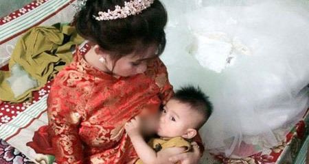 Chuyện hậu trường bất ngờ của cô dâu vừa mặc váy cưới vừa cho con bú...