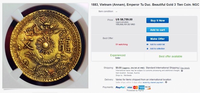 Đồng xu vàng thời vua Tự Đức giá 199 triệu đồng trên eBay