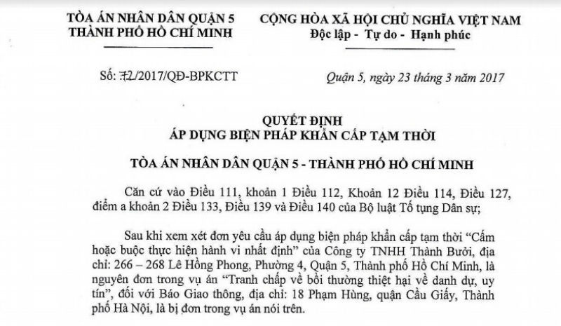 Báo Giao thông khiếu nại sau “trát” của tòa cấm đăng về Thành Bưởi