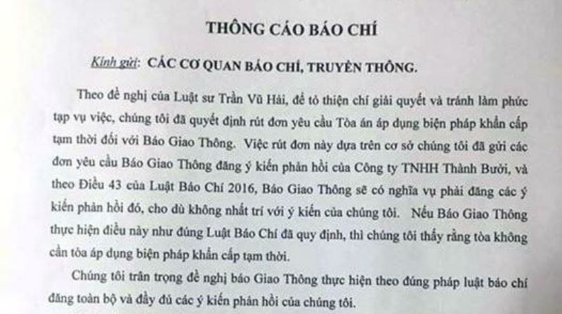 Thành Bưởi đề nghị rút “trát” cấm đăng báo với báo Giao thông