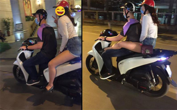 Đi xe máy gác chân lên đùi bạn trai, dáng ngồi 
