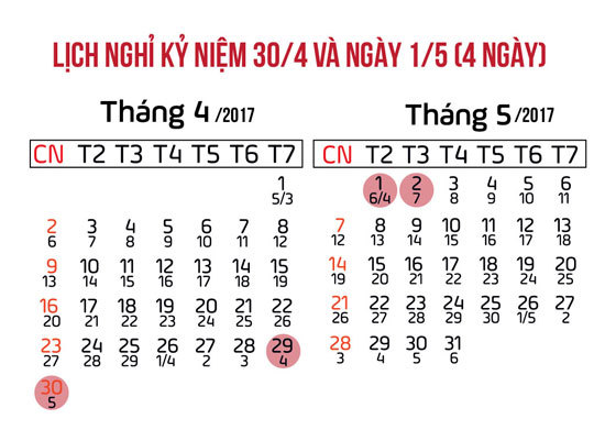 Lịch nghỉ lễ ngày 30/4 và Quốc tế lao động 1/5