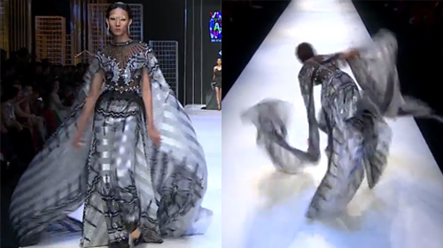 Mẫu nam giá gái 'bung lụa' suýt ngã sấp mặt xuống sàn catwalk