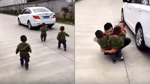 3 nhóc tì chạy theo ô tô khi bố đi làm gây sốt