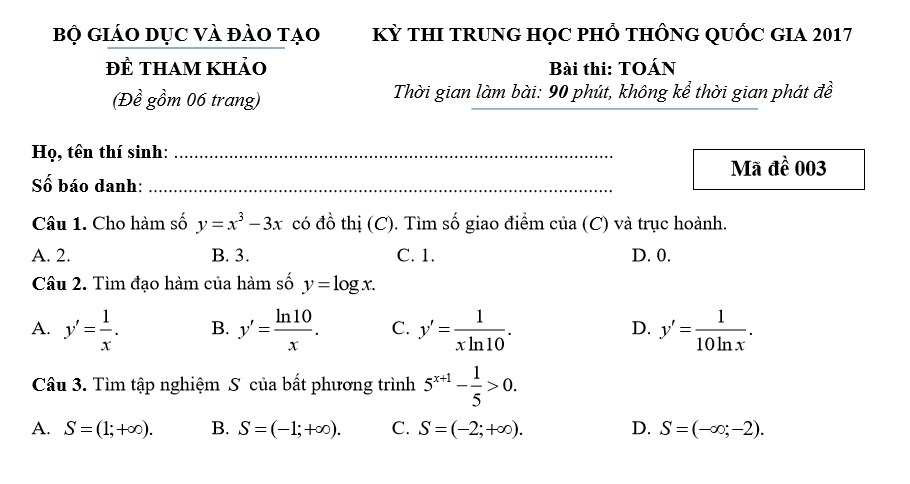 Đề thi tham khảo môn Toán kỳ thi THPT quốc gia 2017