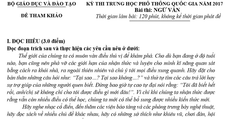 Đề thi thử nghiệm môn Ngữ văn kỳ thi THPT quốc gia 2017