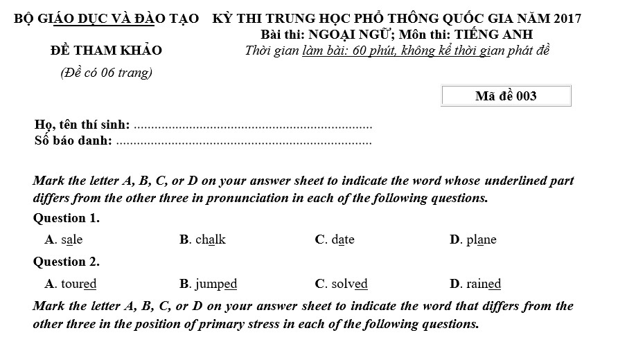 Đề thi tham khảo môn Tiếng Anh kỳ thi THPT quốc gia 2017