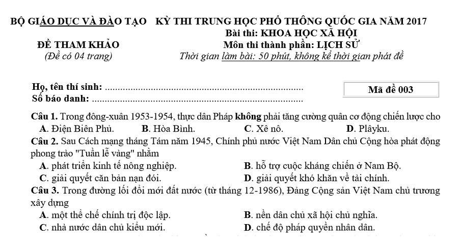 Đề thi tham khảo môn Lịch sử kỳ thi THPT quốc gia 2017