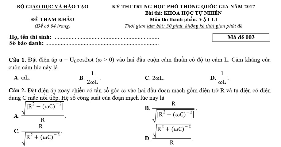 Đề thi tham khảo môn Vật lý kỳ thi THPT quốc gia 2017