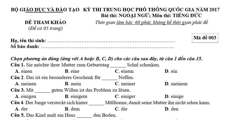 Đề thi tham khảo môn Tiếng Đức kỳ thi THPT quốc gia 2017