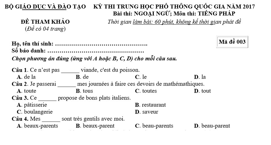 Đề thi tham khảo môn Tiếng Pháp kỳ thi THPT quốc gia 2017