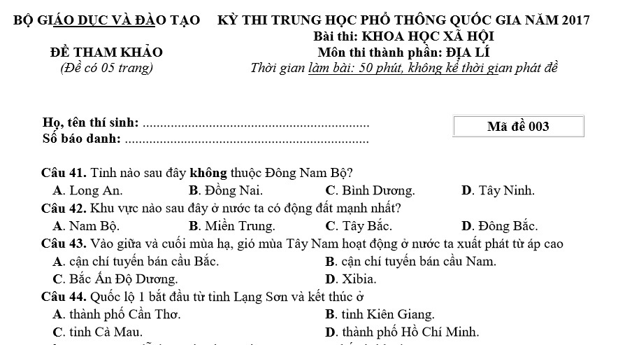 Đề thi thử tham khảo môn Địa lý kỳ thi THPT quốc gia 2017
