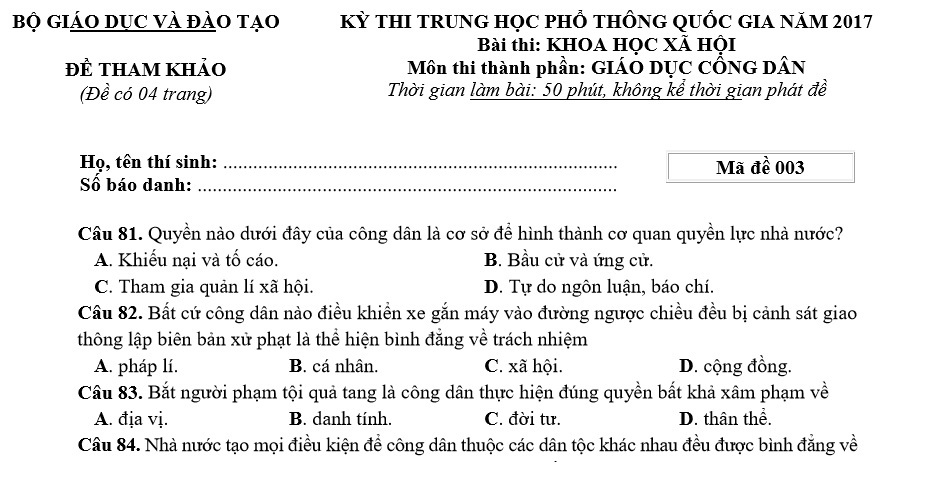 Đề thi tham khảo môn Giáo dục công dân kỳ thi THPT quốc gia 2017