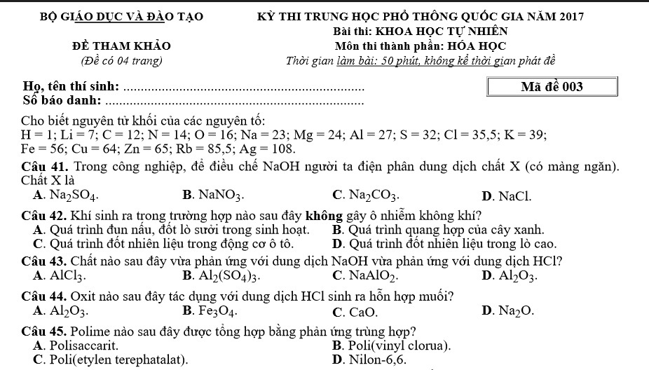 Đề thi tham khảo môn Hóa học kỳ thi THPT quốc gia 2017