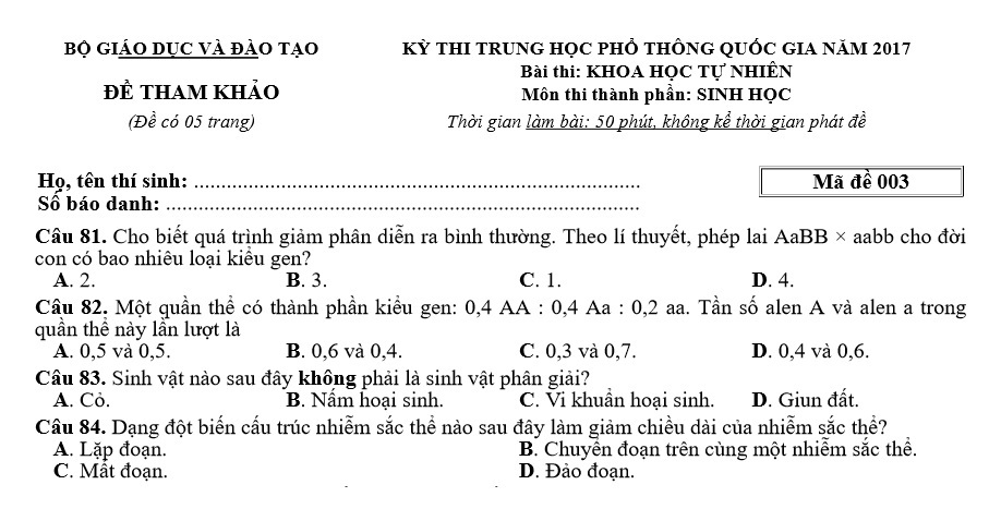 Đề thi tham khảo môn Sinh học kỳ thi THPT quốc gia 2017