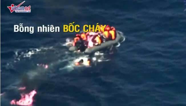Thót tim xem cảnh cứu thuyền tị nạn cháy giữa biển
