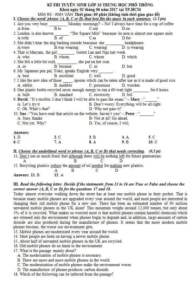 de thi mon tieng anh - thi vao lop 10