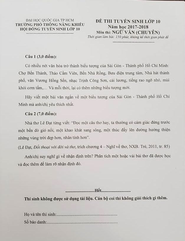 Đề thi Ngữ văn trường Phổ thông Năng khiếu yêu cầu nghĩ về biểu tượng của TP.HCM
