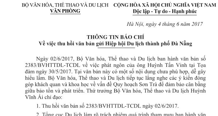 Bộ VHTTDL thu hồi văn bản gửi Hiệp hội Du lịch Đà Nẵng