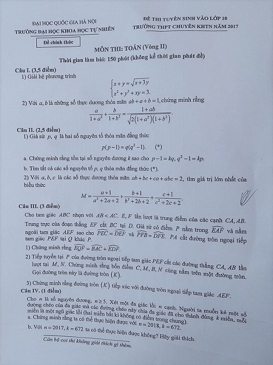 de thi mon toan - thi vao lop 10 truong chuyen KHTN, ĐHQG Hà Nội