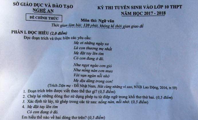 Thơ Đỗ Nhật Nam vào đề thi Ngữ văn lớp 10 của Nghệ An