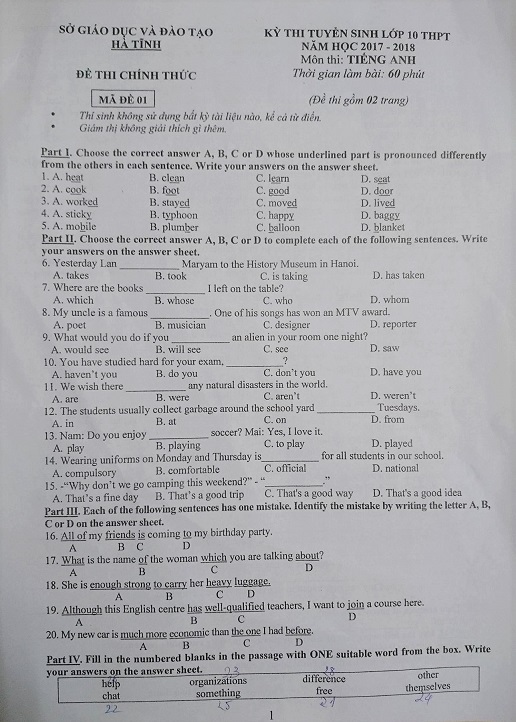 de thi mon tieng anh thi vao lop 10 o Ha Tinh