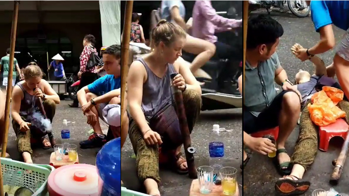 Video cô gái Tây say thuốc lào ngã ngửa trên phố sốt xình xịch