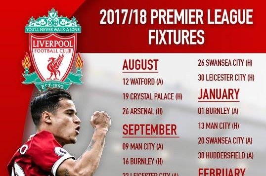 Lịch thi đấu của Liverpool mùa giải 2017/18