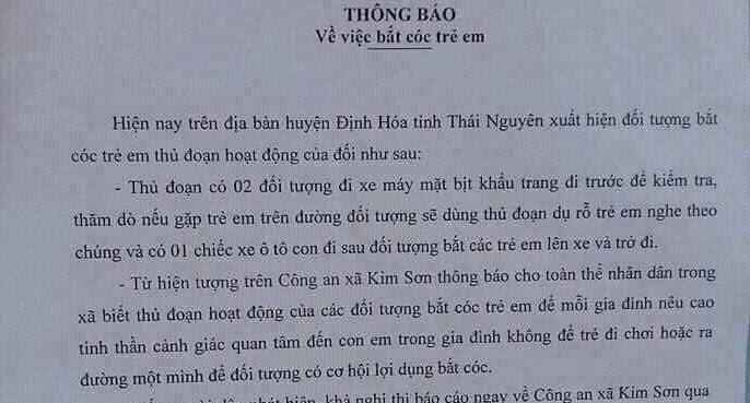 Thực hư thông báo bắt cóc trẻ em gây hoang mang ở Thái Nguyên