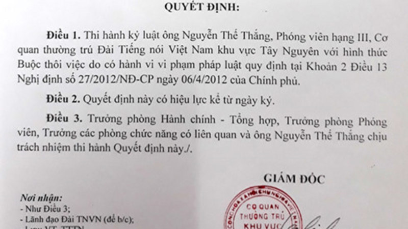 Thôi việc phóng viên VOV thường trú Tây Nguyên