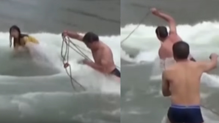 Khoảnh khắc giải cứu thiếu nữ mắc kẹt giữa dòng sông cuồn cuộn