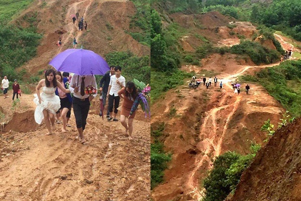 Cô dâu chân trần lội bùn, vượt đường đồi núi về nhà chồng