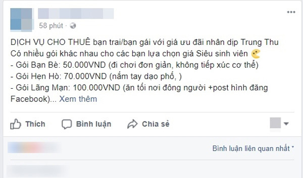 Dịch vụ thuê người yêu giá rẻ đi chơi Trung thu 'nóng' mạng xã hội