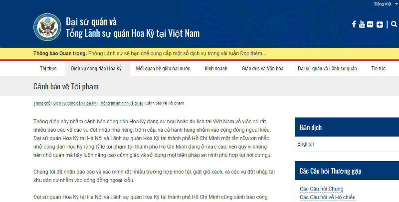 Đại sứ Mỹ khuyến cáo công dân đề phòng tội phạm đường phố