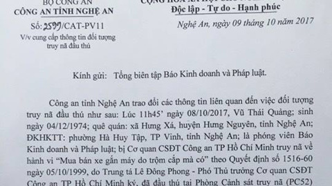 Công an Nghệ An: Phóng viên là đối tượng truy nã ra đầu thú