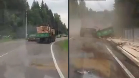 Xe tải đánh võng trước khi chổng kềnh giữa đường