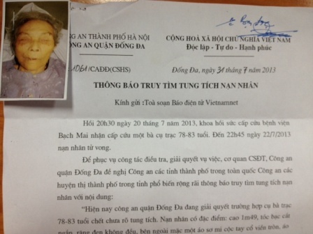 Thông báo truy tìm tung tích nạn nhân