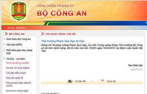 Bộ CA thông tin tướng Phạm Quý Ngọ qua đời