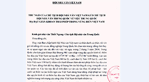 Hội nhà văn VN gửi thư phản đối TQ vụ giàn khoan trái phép