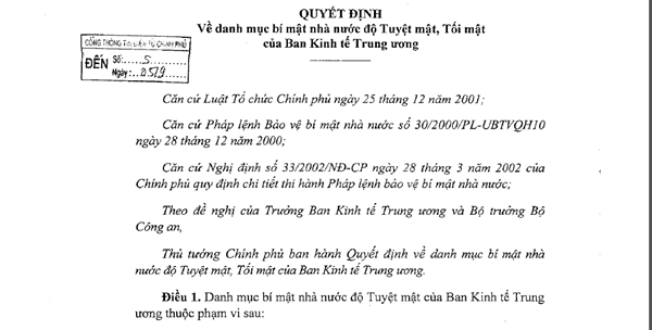 Nhiều tài liệu của Ban Kinh tế TƯ là 'tuyệt mật', 'tối mật'