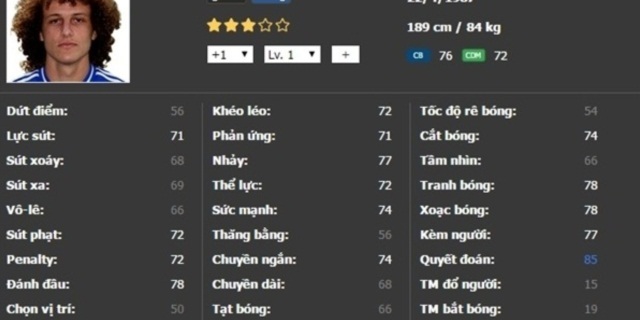 Hướng dẫn và công thức nâng cấp thẻ David Luiz WC +7 100%