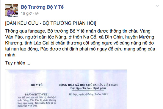 Bộ trưởng Y tế kêu gọi ủng hộ bệnh nhân trên Facebook