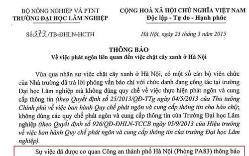 Công an HN không can thiệp phát ngôn của ĐH Lâm nghiệp