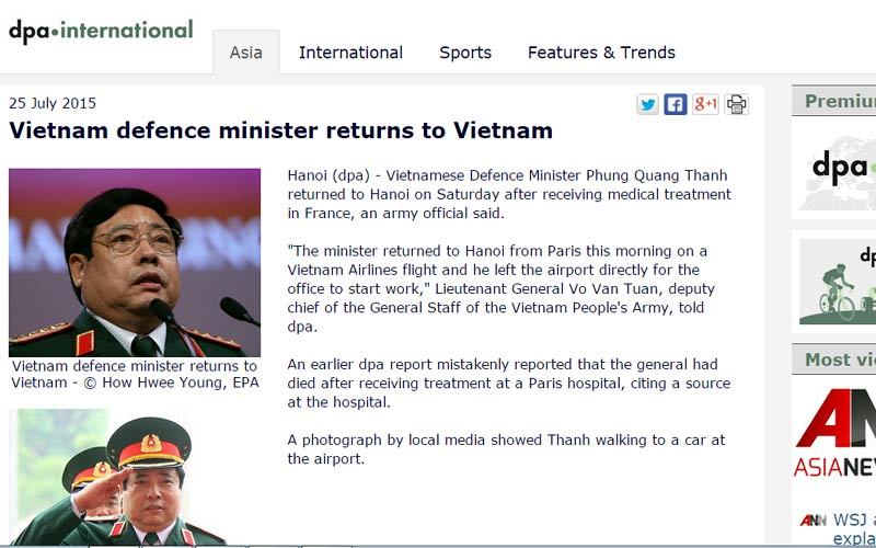 DPA thừa nhận 'thông tin sai' về Bộ trưởng Phùng Quang Thanh